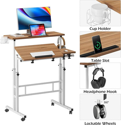 SDHYL 31.5 inches Movable Laptop Desk with Mouse Board Adjustable Height and Angle Anti-Slip Workstation Home Office Desk with Tablet Slot Portable Student Desk, Oak