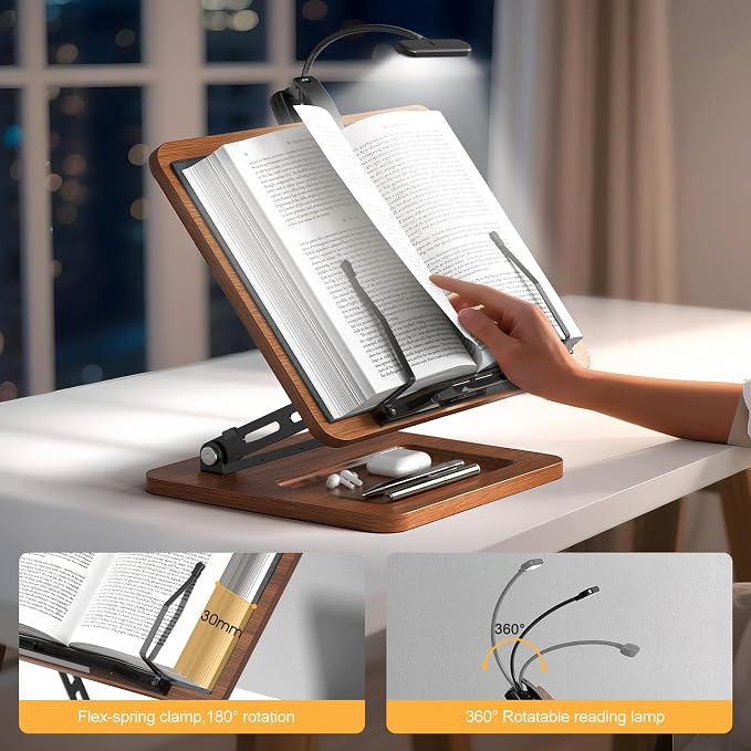OPTIXCELL Book Stand with Light, Hands Free Book Holder, Gifts Book Lovers | Hands Free, Adjustable Height Angle, Built-in Storage Tray, 3-Mode Reading Light, Foldable Metal Frame, Fits Cookbook Tablet