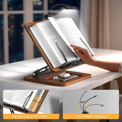 OPTIXCELL Book Stand with Light, Hands Free Book Holder, Gifts Book Lovers | Hands Free, Adjustable Height Angle, Built-in Storage Tray, 3-Mode Reading Light, Foldable Metal Frame, Fits Cookbook Tablet