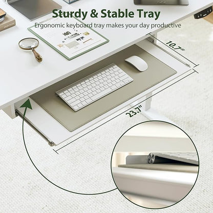 Height Adjustable Desk with Keyboard Tray, 48 x 24 Inches Electric Standing Desk, Stand up Computer Table with Memory Preset, Modern Lift Motorized Gaming Workstation, White