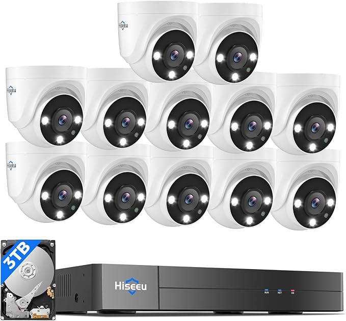 Hiseeu 12 Channel Wired Security Camera System with Smart Dual Light | Audio,Person/Vehicle Detection,121°Wide View,5MP DVR,12PCS 5MP IP67 Outdoor CCTV Cameras,3TB HDD for 24/7 Surveillance