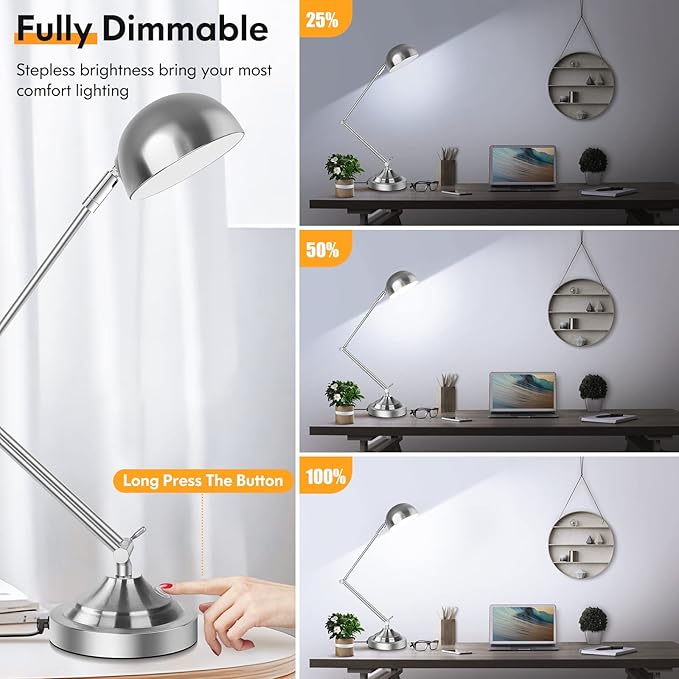 Touch Control LED Desk Lamp with USB Charging Port, Architect Brushed Nickle Lamp with Adjustable Swing Arm, Dimmable Silver Desk Lamp for Home Office Reading Study, 3000K/4000K/5000K 3 Color Modes
