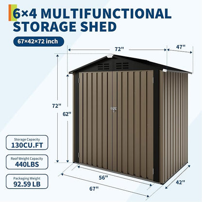 6X4 FT Outdoor Storage Shed, Galvanized Steel Outdoor Storage Shed, 130 Cu Ft Weather Resistant Garden Tool Sheds with Door & Sloped Roof, Multi-Use Shed for Bikes