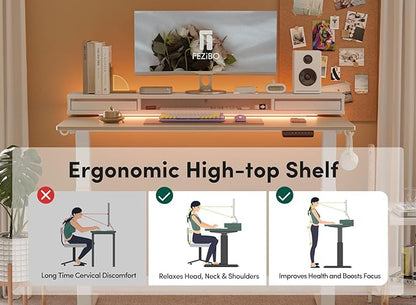 FEZIBO 60 × 26 Inch Electric Standing Desk with Monitor Stand, Height Adjustable Table with LED Strips, Ergonomic Home Office Furniture with 2 Drawers Storage Gaming Workstation, Light Walnut Top