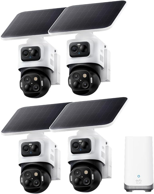 eufy Security eufyCam S4 4-Cam Kit, 4K Solar Wireless Outdoor Security System,3-Lens Bullet-PTZ cam, 360° Coverage,Cross-Cam Track, AI Facial Recognition, 8X Zoom,0 Monthly Fee,Expandable up to 16TB