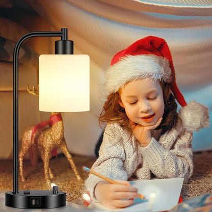 Lynnoland Set of 2 Industrial Table Lamps with USB C+A Ports and Outlet, Black Fully Stepless Dimmable Bedside Lamps, Nightstand Lamp with Opal Glass Shade for Reading Office (2 LED Bulb)
