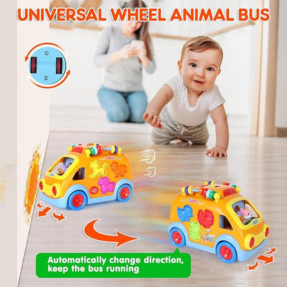 Toy Cars for 2 Year Old Boy Toys, Baby Boy Gifts, Musical Learning Crawling Toys for Toddlers 2-3, Educational Baby Bus with Animal Blocks, Christmas Birthday Gift for 2 3 4 Year Old Boys Girls Kids