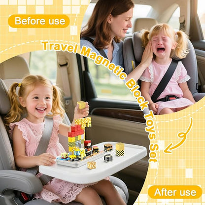 QOUBAI 45PCS Mini Magnetic Blocks Travel Toys, Magnet Building Cubes Tiles Set with Portable Iron Case, Learning Activities Gifts for Kids Toddlers Boys & Girls Ages 3-8 (Construction)