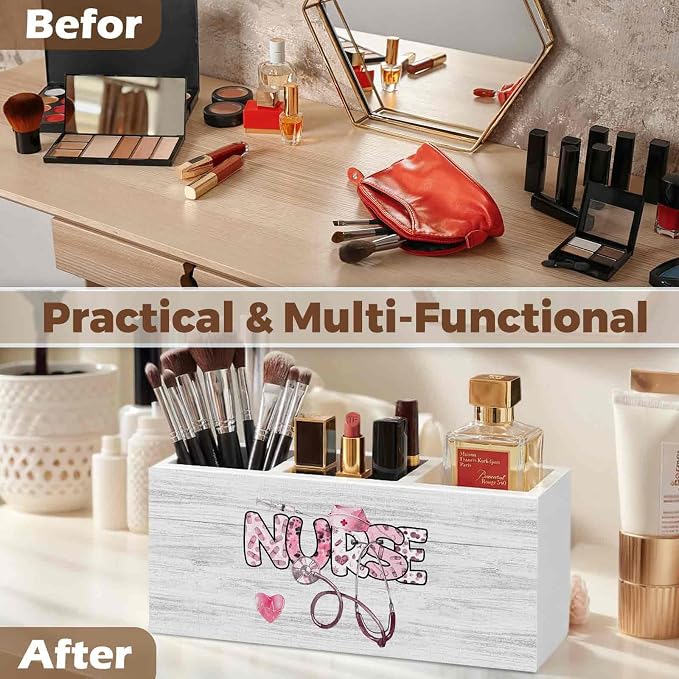 Pink Nurse Office Pencil Pen Holder for Desk Organizer, Nursing Week Gifts, Nurse Appreciation Gifts, Gift for Nurses Female Women Wooden Box Decorations for Office Desk Tabletop Decor