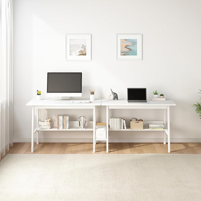 2-Person Writing Desk with Bookshelf - 94" Wooden Extra Long Home Office Work Table, Double Study Computer Workstation with Storage Shelves in White, 94" W x 24" D