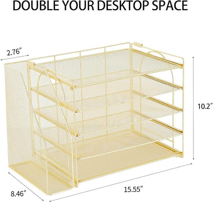 AUPSEN Gold Desk Organizers and Accessories, 5-Tier Desktop Paper File Organizer with Removable File Holder, Desk Accessories & Workspace Organization for Home Office Supplies (Gold)