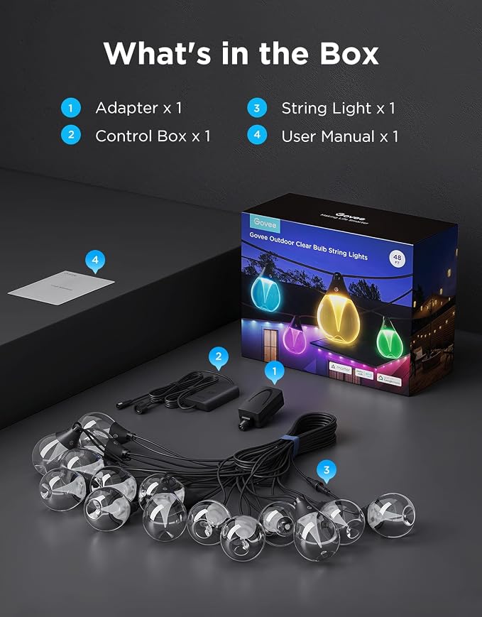 Govee Clear Bulb Outdoor String Lights, 48ft IP67 Patio & Backyard Lights | 15 RGBWIC Dimmable LED Bulbs, 111 Modes, Music Sync, IP67 Waterproof & Shatterproof, Work with Alexa, Google & Matter
