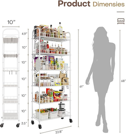 6 Tier Slim Rolling Storage Cart with Wheels, Metal Mobile Shelving Unit Organizer Utility Cart for Office Bathroom Kitchen Laundry Room Narrow Places (White 10 Inches)