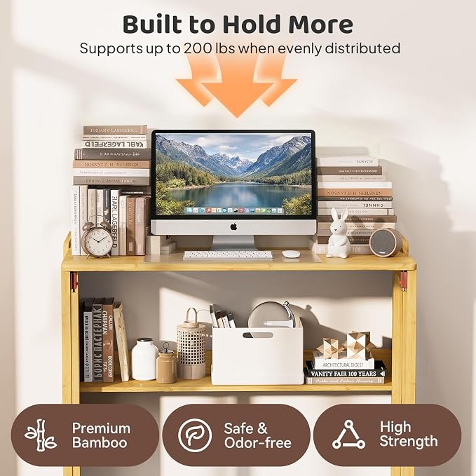 Bamboo Folding Desk for Small Spaces, Small Computer Foldable Desk, Natural | Space Saving Desk for Bedroom Home Office, Mid Century Sofa Table for Couch, Writing Work Office Desk