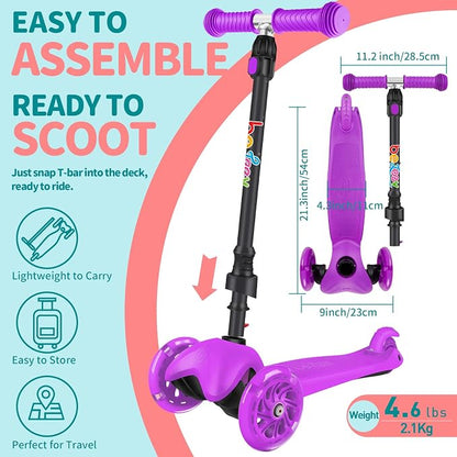 BELEEV A1 Scooter for Kids Ages 2-6, 3 Wheel Kick Scooter for Toddlers Girls Boys, Light up Wheels, Adjustable Height, Lean to Steer, Non-Slip Deck, Lightweight Push Scooter for Children