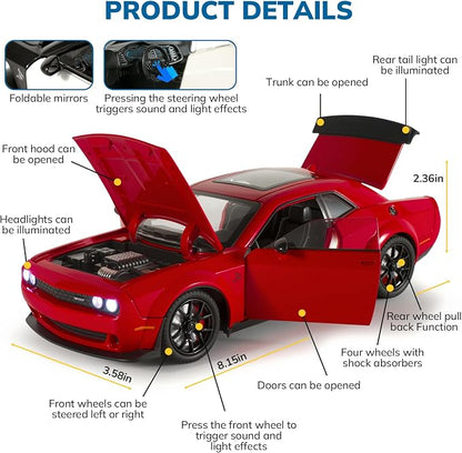 Car Toys for Boys 1/24 Diecast Cars Hellcat SRT Collectibles Model Kit,Pull Back Metal Toy Car with Lights and Sounds,Toy Cars for Boys Age 4-7（Red）