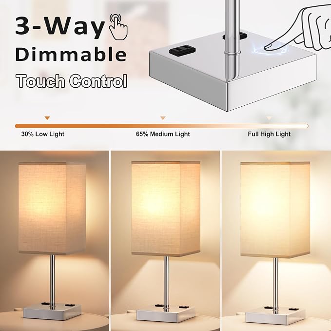 Touch Bedside Table Lamp For Nightstand - 3-Way Dimmable Night Lamp with USB A + Type C Charging Ports and two AC Outlets, Small Desk Light with E26 LED Bulb for Bedroom Living Room, GREY PLUS