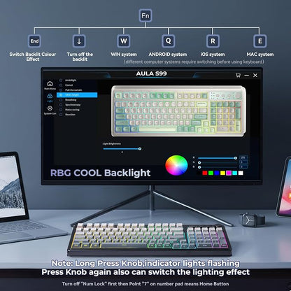 AULA Keyboard Gaming Wireless Creamy Computer Keyboards with Number Pad | Side-printed Light Transmission Letters Keyboard,99 Keys,RGB Backlit,Tri-Mode BT/2.4GHz/USB-C Connection,Gradient Grey