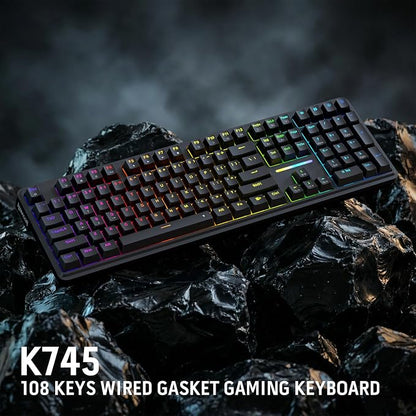 Redragon K745 Wired 108-Key Gasket RGB Gaming Keyboard, 4 Extra Hotkeys | Dedicated Shortcut Keys for Mute, Calc & Desktop, Cushioned 5-Layer Dampening for Creamy Thocky Sound, Programmable Software