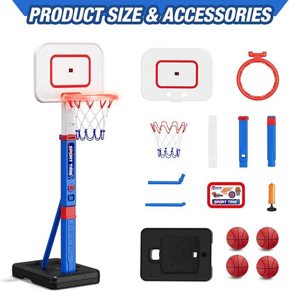HYES Toddler Basketball Hoop with Scoreboard/LED Basketball Rim/4 Balls, 55" Height Adjustable Basketball Hoop for Kids 3-5, Indoor Outdoor Sport Toys Birthday Gifts for Baby Boys Girls