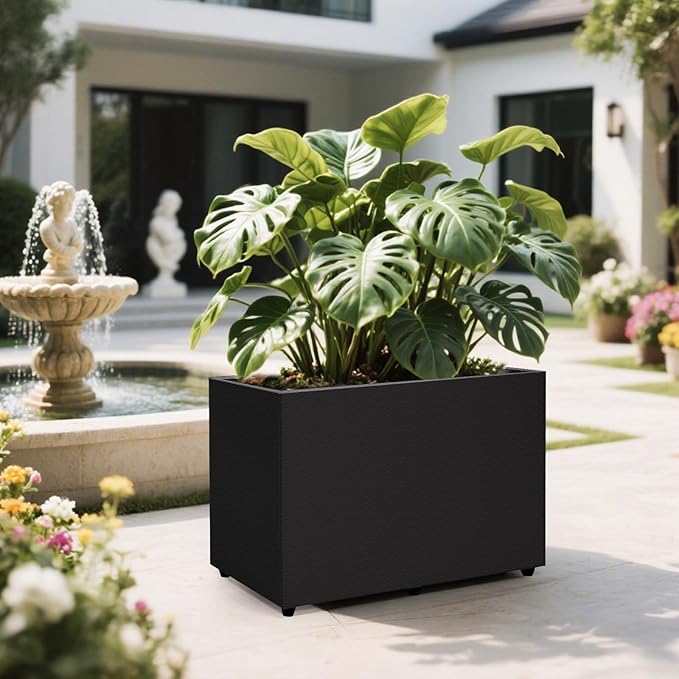 Planter Box Rectangular Block - 24×16×12IN Galvanized Steel Metal Long Box Planter Easy Installation Modern Outdoor Tall Planters All-Weather Use with Drainage Holes for Patio/Porch(Black)