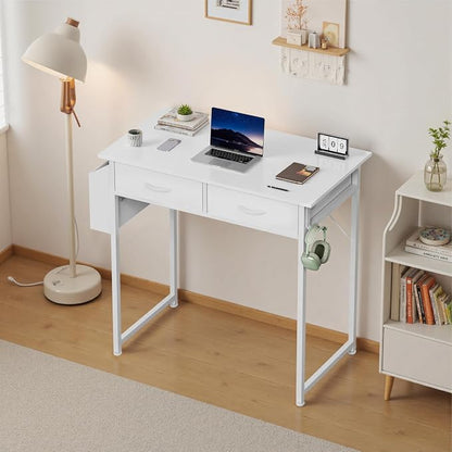 OLIXIS 32 Inch Gaming Desk, Computer Desk, Fabric Drawers | Side Bag Headphone Hook, Home Office Work Table, Writing Study Bedroom, Small Space, White