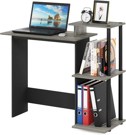 Furinno Efficient 29-Inch Grey Computer Desk with Side Shelves, Gaming Desk with 3 Open Shelves, Home Office Desk, for Home Office, Study Room, Dorm, Bedroom, Grey Oak/Black