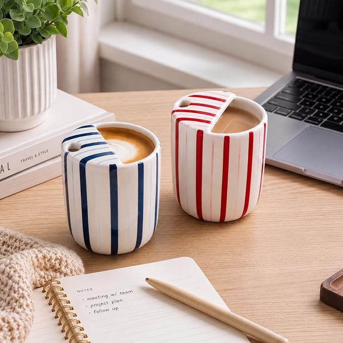 2 Pcs Ceramic Mug with Sip Hole 10 oz Deep Blue Red Striped Ceramic Coffee Mug Hand Painted Travel Mugs Heat Resistant Non Slip Built in One Lid Mugs for Coffee Lovers Appreciation Gift