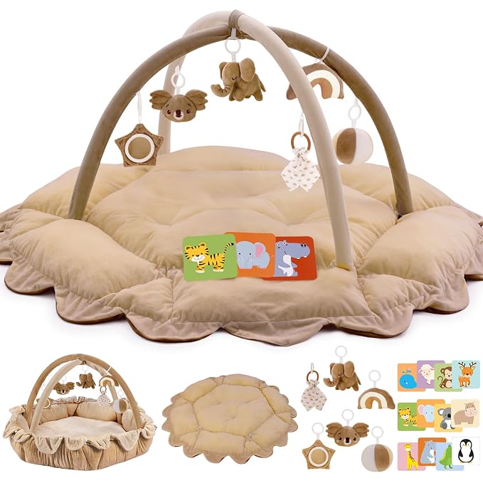 5-in-1 Plush Baby Play Gym, Activity Mat with Convertible Gym, Baby Gym 6 Sensory Toys, Play Center for Newborn to Toddler, Brown