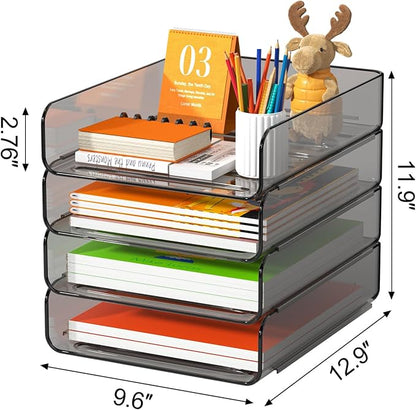 FANXIYQ 4-Tier Acrylic Paper Tray Organizer, Brown Office Paper Organizer | Stackable, Tool-Free Design with 2-4 Tiers for A4 Paper, Files, Books and Mail; Ideal for School, Home Office and Study Room