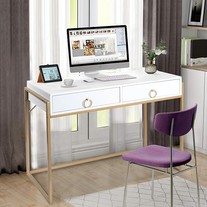 Anmytek Home Office Writing Desk 2 Drawers Storage, Contemporary Makeup Vanity Table Study Desk, W/Matte White and Gold Finish Frame D0003