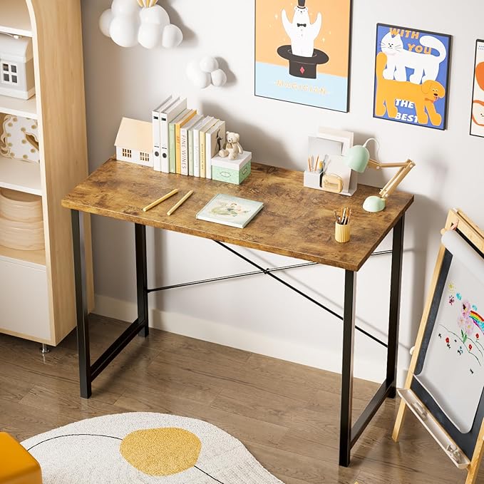 Sweetcrispy Computer Desk, Small Office 44 Inch Writing Work Study Student Teacher Home Bedroom Table with Metal Frame Wood Tabletop, Compact Modern Study Table for Home Use, Brown