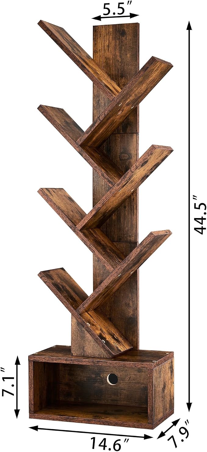 Hoctieon 6 Tier Tree Bookshelf, Tall Bookcase with Drawer, Freestanding Book Shelf, Display Floor Standing Storage Shelf, Book Organizer Shelves for Home Office, Rustic Brown