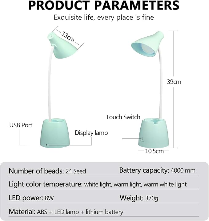 Desk Lamp LED, Desk Lamps with 3 Lighting Modes and Stepless Dimming, Desk Light 360 ° Flexible Gooseneck with Pen Holder & Mobile Phone Stand for Reading Kids Dorm (Green)