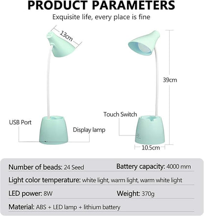 Desk Lamp LED, Desk Lamps with 3 Lighting Modes and Stepless Dimming, Desk Light 360 ° Flexible Gooseneck with Pen Holder & Mobile Phone Stand for Reading Kids Dorm (Green)