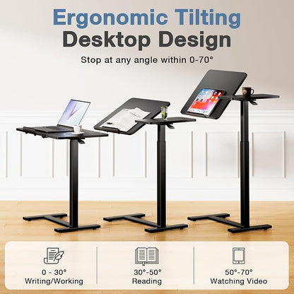 Adjustable Standing Desk Rolling Laptop Table with Wheels, Black | Tiltable Desktop Design for Comfortable Work, Reading and Study Spaces