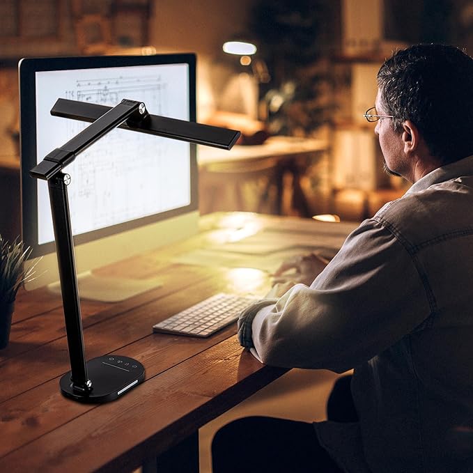 LED Desk Lamp Touch Desk Lamps with 5 Levels Brightness, Dimmable Office Reading Lamp with Adjustable Arm Foldable Table Desk Lamp for Bedroom Bedside Office Study, 3000-6500K(Black)