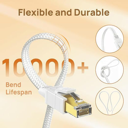 Orbram Cat 8 Ethernet Cable 3 ft White, Nylon Braided High Speed Heavy Duty Network LAN Patch Cord, 40Gbps 2000Mhz SFTP RJ45 Flat Internet Cable Shielded in Wall, Indoor&Outdoor for PC/Router/Modem