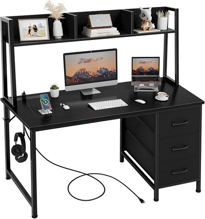 DLisiting Black Computer Desk with Hutch & Drawers - Office Desk with 3 Storage Drawers and Power Outlets, 47 Inch Modern Study Writing Desk for Bedroom Home Office