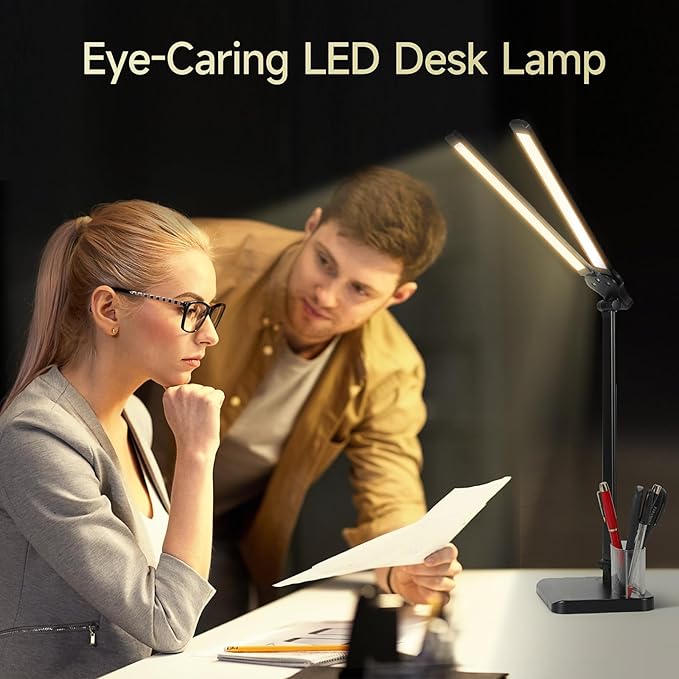 LED Desk Lamp for Home Office - Dual Swing Arm Desk Light with USB Charging Port,Eye-Caring Foldable 5 Color Modes 10 Brightness Levels Dimmable Desk Lamp for College Dorm Room (Black)