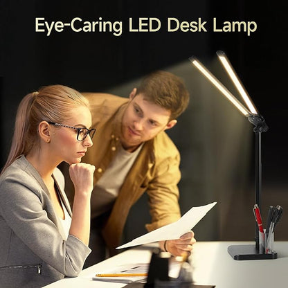 LED Desk Lamp for Home Office - Dual Swing Arm Desk Light with USB Charging Port,Eye-Caring Foldable 5 Color Modes 10 Brightness Levels Dimmable Desk Lamp for College Dorm Room (Black)