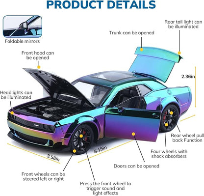 Car Toys for Boys 1/24 Diecast Cars Hellcat SRT Collectibles Model Kit,Pull Back Metal Toy Car with Lights and Sounds,Toy Cars for Boys Age 4-7（Gradient Purple）