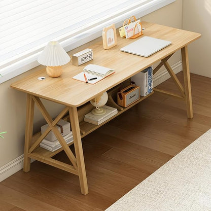 NELYE Extra Long Writing Desk with Bookshelf, 55" Wx20 Dx30 H, Oak | Wooden Home Office Work Study Table, Computer Gaming Workstation with Storage Shelf, Sturdy MDF Resists Wobble