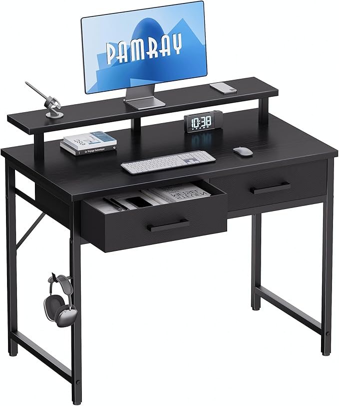 Pamray 32 Inch Small Computer Desk with Monitor Stand and 2 Drawers | Small Gaming Desk, for Bedroom Apartment and Dorm, for Study Work and Writing, Small Spaces, Sturdy, Easy Assembly