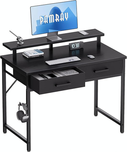 Pamray 32 Inch Small Computer Desk with Monitor Stand and 2 Drawers | Small Gaming Desk, for Bedroom Apartment and Dorm, for Study Work and Writing, Small Spaces, Sturdy, Easy Assembly