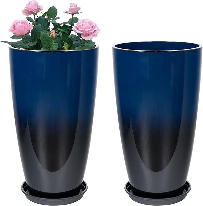 Set of 2 Lightweight Ceramic-Look Tall Planter, 21 inch Large Plastic Planter with Drain Hole & Saucers, Large Outdoor Planters for Porch, Garden, Patio, Balcony(Dark Blue)