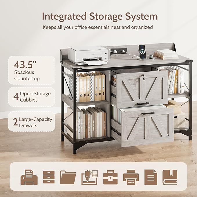 44" File Cabinet, Lateral Filing Cabinet for Home Office with 2 Drawers, Office Storage Cabinet with Lock and Key, Wooden Printer Stand with 4 Storage Shelves and Power Outlets, Office Furniture, Grey