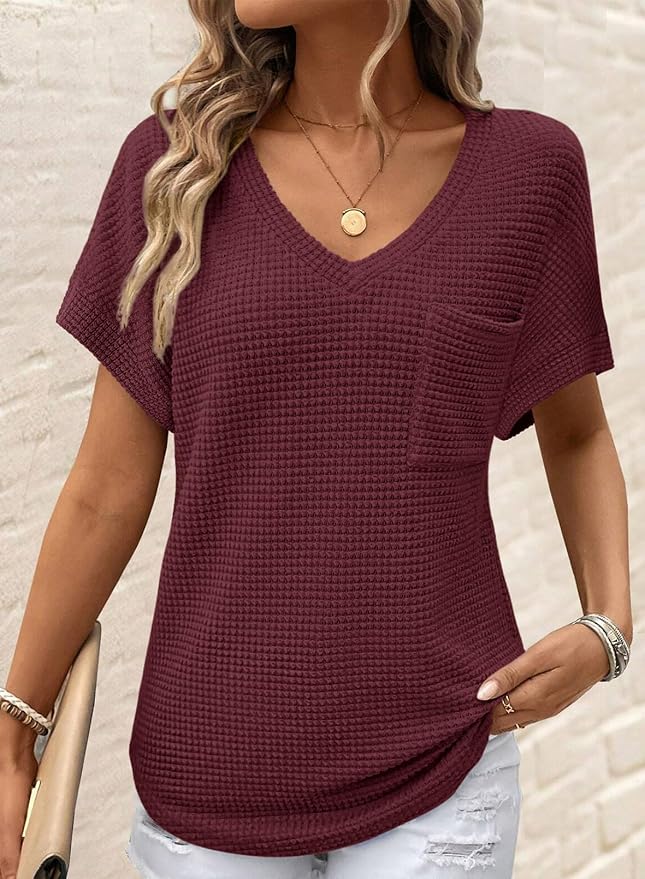 Dokotoo Womens Waffle Knit Tops 2026 Spring Summer V Neck Shirts Casual Trendy Women's Blouses Basic Tee