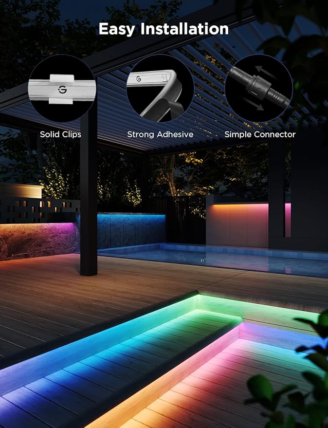 Govee Outdoor LED Strip Lights, 98.4ft Smart Outdoor Lights Work with Alexa and Google Assistant, App Control, IP65 Waterproof, RGBIC Lights for Patio, Eave, Party Decorations