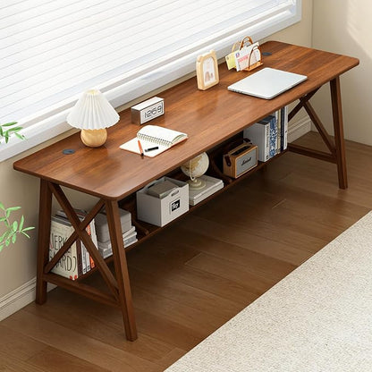 NELYE Extra Long Writing Desk with Bookshelf, 71" Wx20 Dx30 H, Walnut | Wooden Home Office Work Study Table, Computer Gaming Workstation with Storage Shelf, Sturdy MDF Resists Wobble